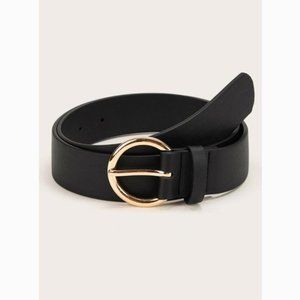 Round Metal Buckle Vegan Leather Black Belt